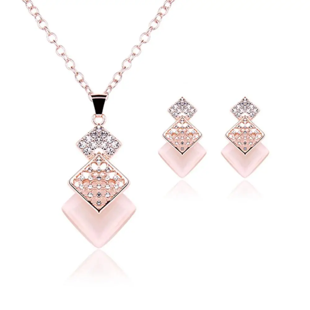 

Women Fashion Rhinestone Square Pendant Necklace Ear Stud Earrings Jewelry Set