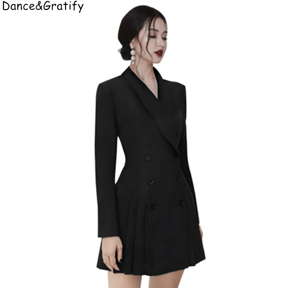 

Женское двубортное офисное платье-блейзер, плиссированное мини-платье с длинным рукавом, Осень-зима 2019