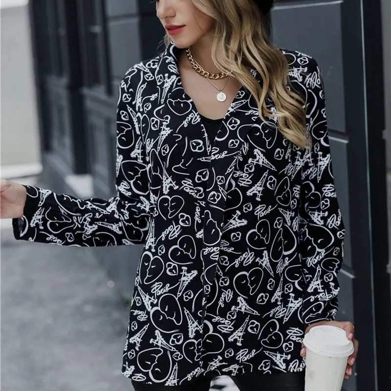 

Fashion Print Women Shirts Korean Style 2020 Autumn Streetwear Long Sleeves Loose Shirt