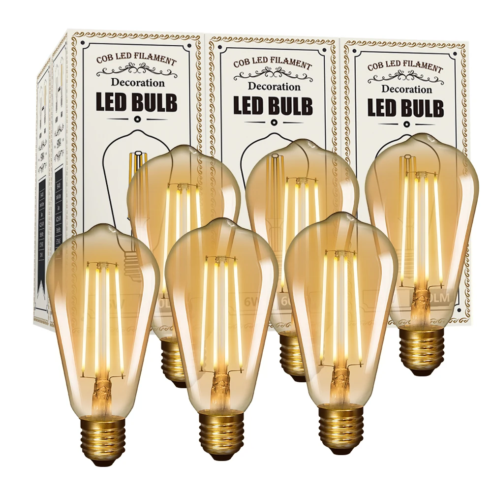 

Old Fashioned Edison ST64 E27 6W LED Long Filament Light Bulb Lamp Vintage LED Light Bulbs with Retro Coated Glass Lamp Shade