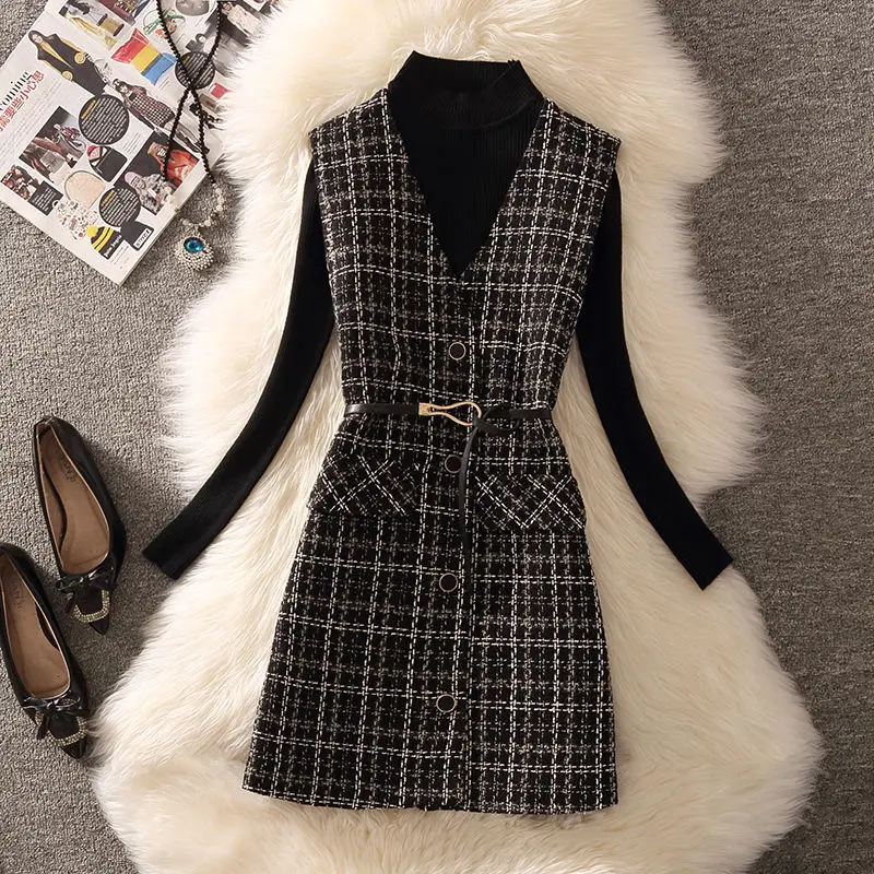 

2022 Autumn Winter Women New 2 Piece Sets Female Slim Knitted Pullovers+Tweed Single-breasted Plaid Vest Dress Ladies Suits D49