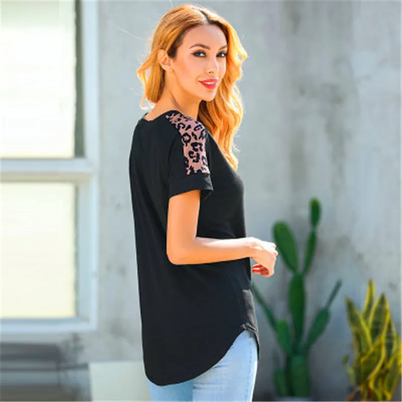 Новинка женская футболка с леопардовым принтом на плечах хлопковая рубашка