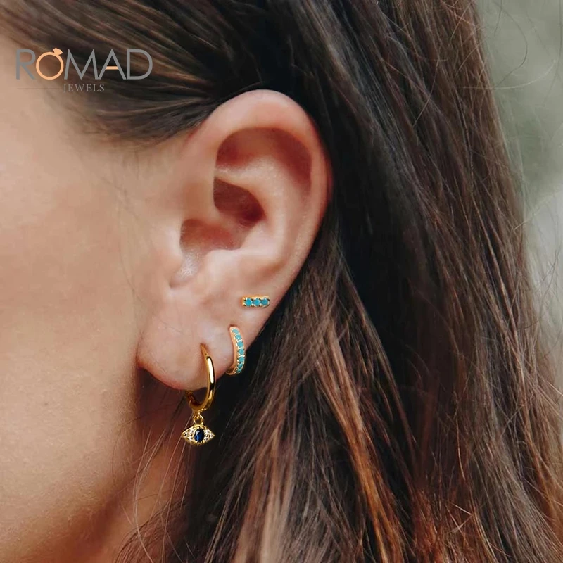 

ROAMD 925 Sterling Silver Demon Eye Earrings Hoops For Women Blue French Bread Zircon Butterfly Shape Earrings Pendientes Plata