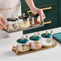 3piece set of glass seasoning jar salt sugar chili spice box home soy sauce vinegar bottle with acrylic tray kitchen accessories