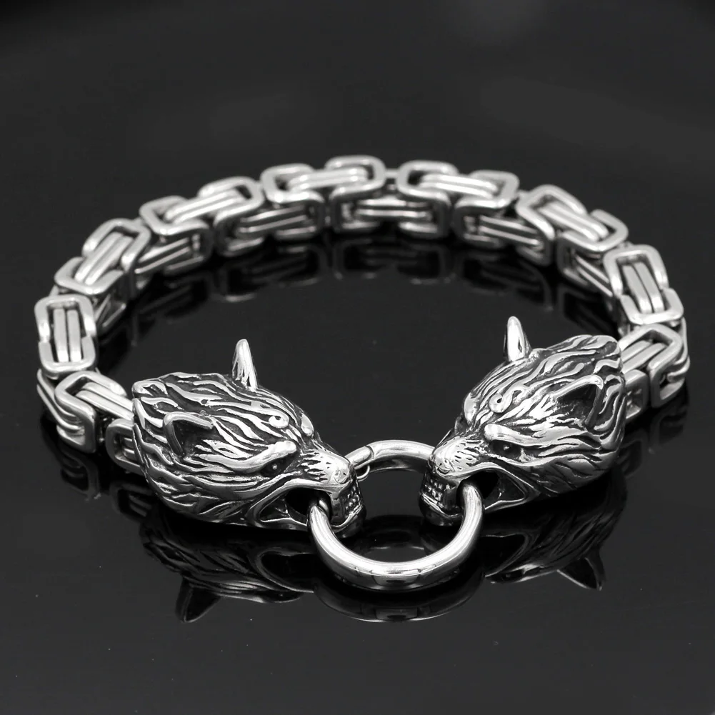

norse Men stainless steel King chain viking wolf head bracelet 17 19 21 CM