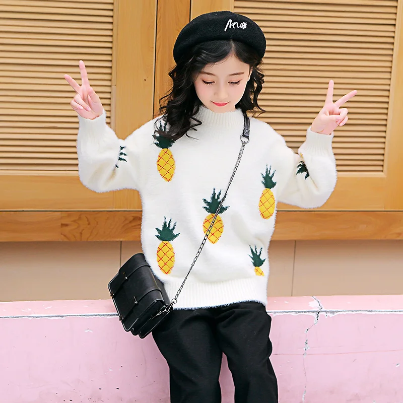 Enlarge 2021 New Girls Knitting Sweaters Warm Fluffy Pullover Sweaters for Teenager Girls Big Children Clothes Printing Girls Top Winter