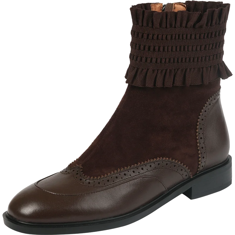 

Women's genuine leather patchwork side zip flats autumn ankle boots pleated Flounced british sytle carving short booties shoes