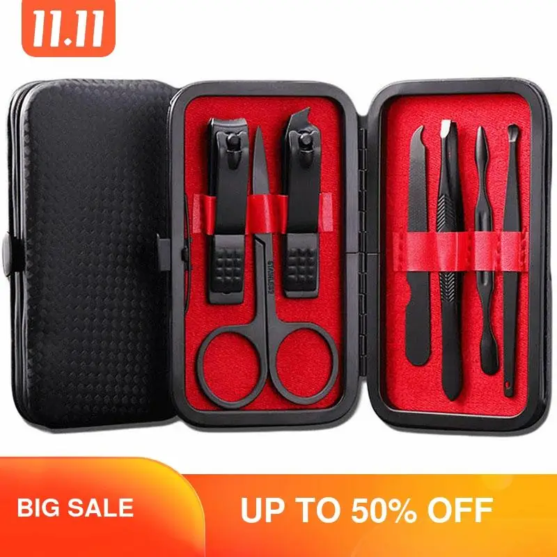 

7pcs Set Nail Clipper Stainless Steel Scissors Manicure Kit With Beautiful leather Travel Box Nail Art Professional Pedicure