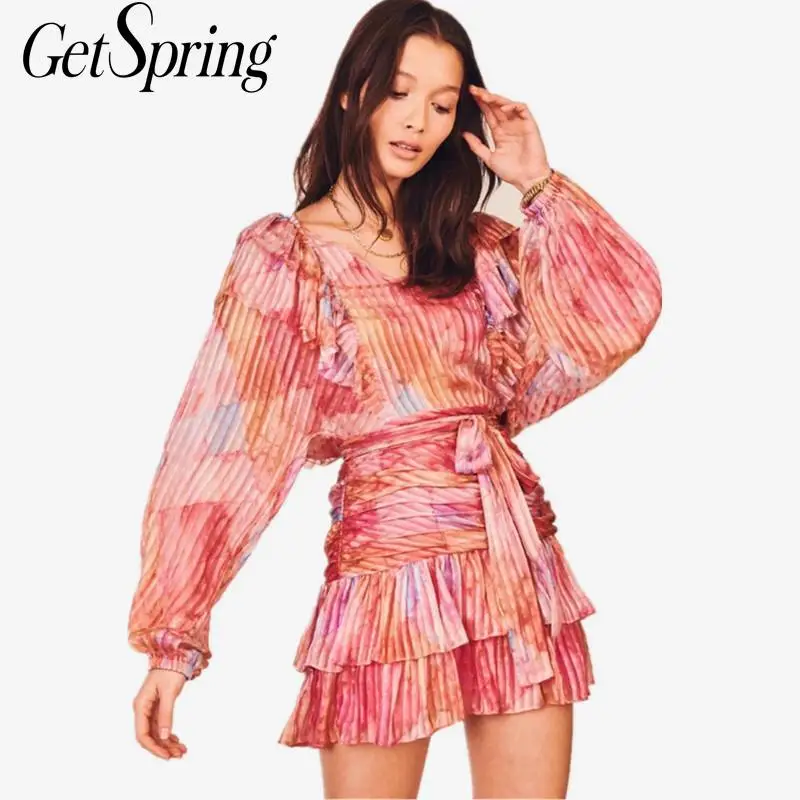 

GetSpring Women Dress V Neck Lantern Sleeve Vintage Dresses Pleated Ruffle High Waist Summer Dress Short Cake Sexy Dresses 2020