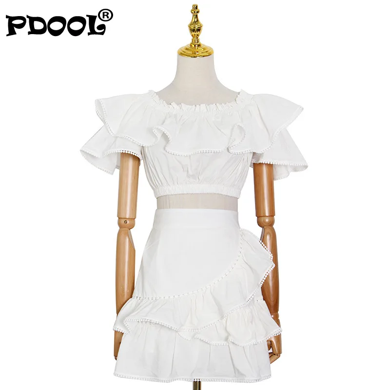 

White Casual Two Piece Set For Women Slash Neck Short Sleeve Patchwork Ruffle Tops High Waist Skirts Elegant Sets Female New