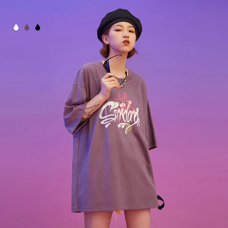 

Spring and Summer 2021 New Women's Cotton T-shirt BF Wind graffiti smiley sunflower print loose Female short-sleeved T-shirt