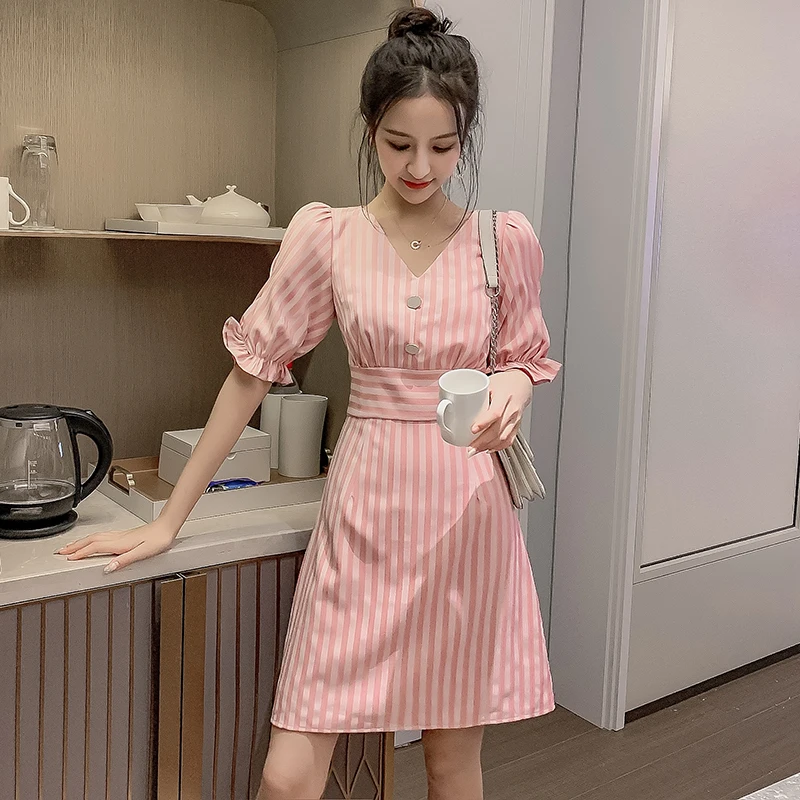 

OL Summer Women Dress Pink Striped Elegant V neck Dresses