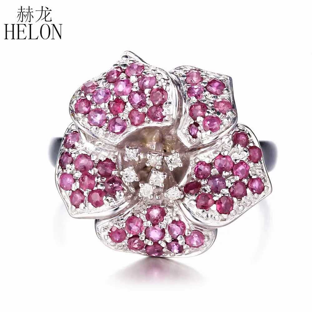 

HELON Solid 10k White Gold 1.5ct Real Natural Ruby & Diamonds Engagement Wedding Ring Gemstone Women Trendy Flower Fine Jewelry