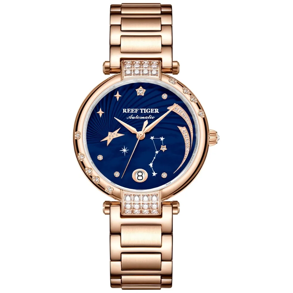 

2021 New Reef Tiger/RT Top Brand Elegant Self Winding Womens Watch Date Rose Gold Diamond Watches Blue Bracelet Watches RGA1592