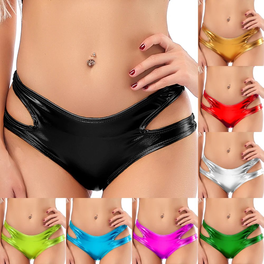 

Women's Sexy Lingerie Shiny Metallic Hollow Out Briefs PU Leather Shorts Women's Underwear Dance Pole Dancing Panties Clubwear