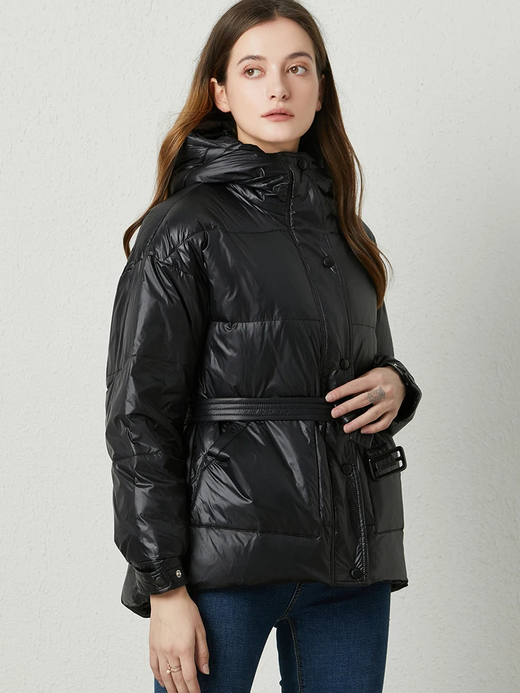 

Winter Ultra Light Women Down Jacket Warm White Duck Down Hooded Parkas Female Single Breasted Snow Outerwear With Belt