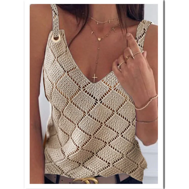 

2021 Summer Women Camisole Hollow out t Shirt Sleevelss Sexy V Neck Slim Sling Kniting Cross Camisole Club Beach Women Tops