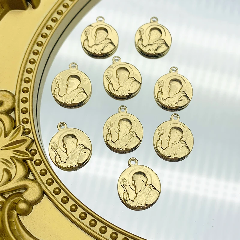 10Pcs Gold Color St Benedict Medal Pendant Metal Portrait Round Coins Charms For DIY Jewelry Making Accessories Necklace - купить по