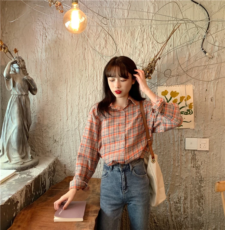

Contrast Striped Plaid Shirt Women's Shirts Ulzzang Japanese Kawaii Ladies Vintage Female Korean Harajuku Clothes for Women
