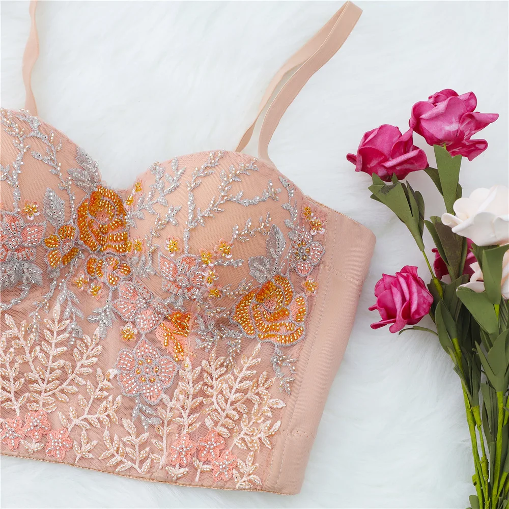 

Fashion Yoga Backless Ins Cropped Tops Women Embroidered Beaded Camisole Soft Slim Underwear Breathable Bra Y1144