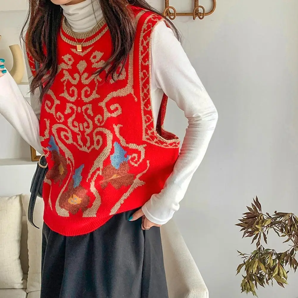 

Fashion Sleeveless Sweaters Women Vintage Printed Knitted Pullover Vests Size Loose Top Vests Waistcoat Coats Large E1K7