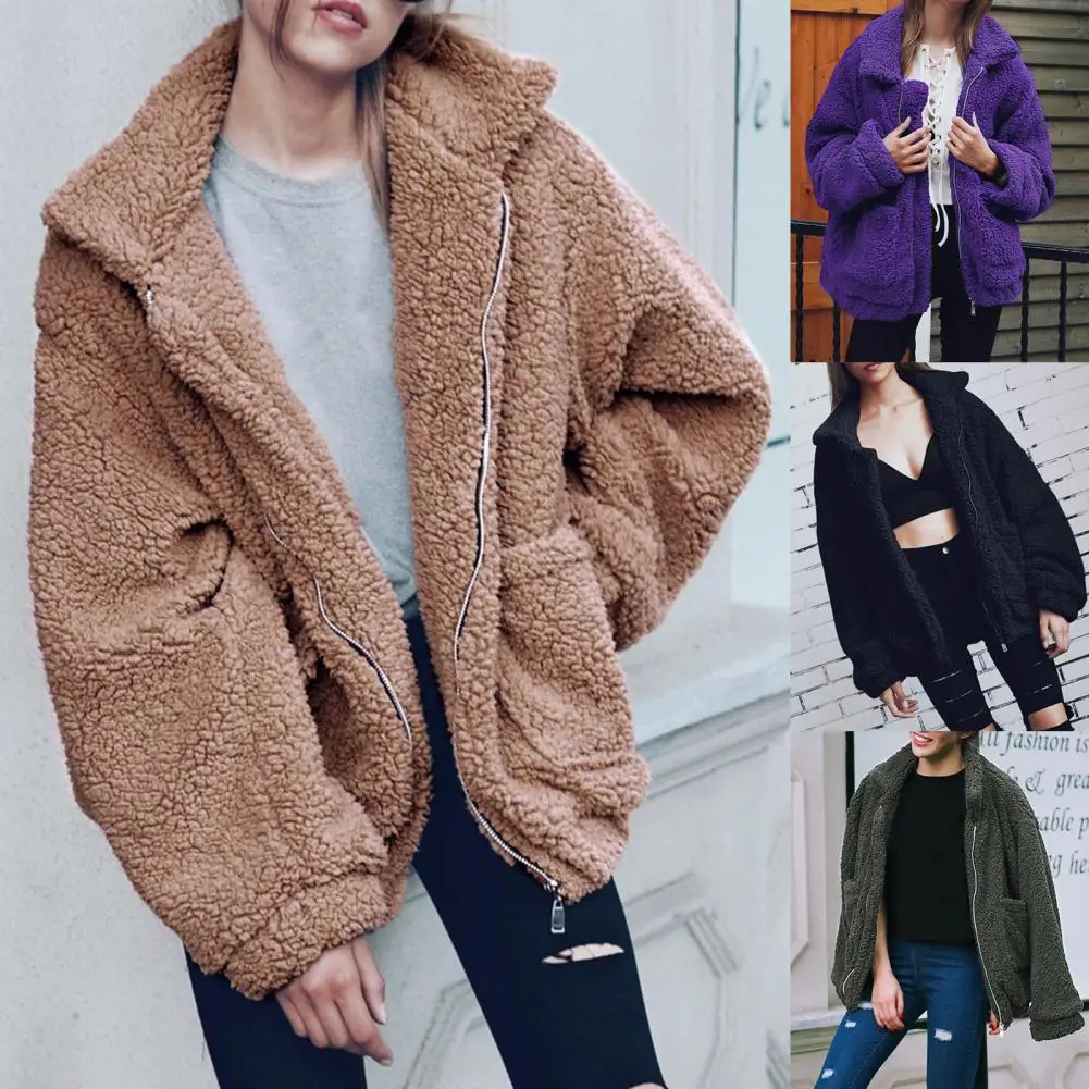 

Women's Coat Long Sleeve Big Pockets Shaggy Jacket Lapel Solid Color Zipper Loose Fluffy Coat Outerwear for Autumn Winter