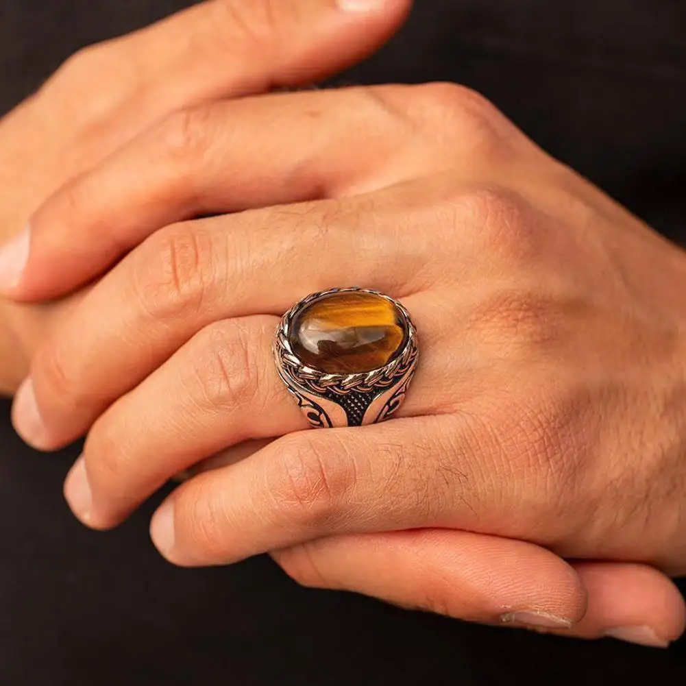 

Yellow Tiger Stone Woven Stripe Ring Fashion Simple Casual Wholesale Valentine's Jewelry Trendy High-end Day Men Present Re I8o0