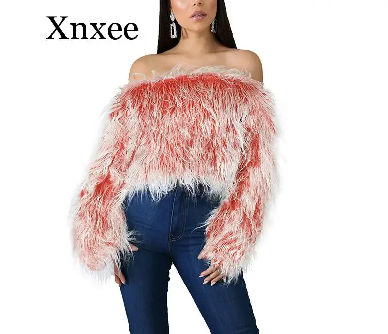 

Gradient Color Off Shoulder Fluffy Sweater Women Casual Furry Crop Sweater Top Sexy Faux Fur Long Sleeve Short Pullover