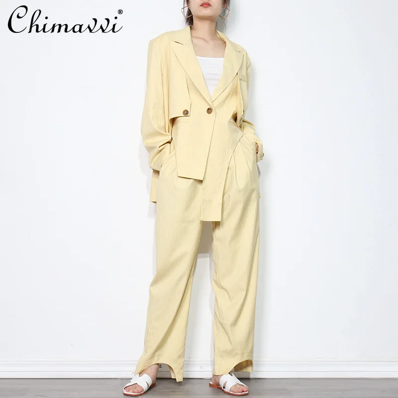 

Fashion Simple Outfit Women 2021 Spring/Autumn Irregular One Button Suit Blazer High Waist Straight Casual Pants Elegant 2pcs