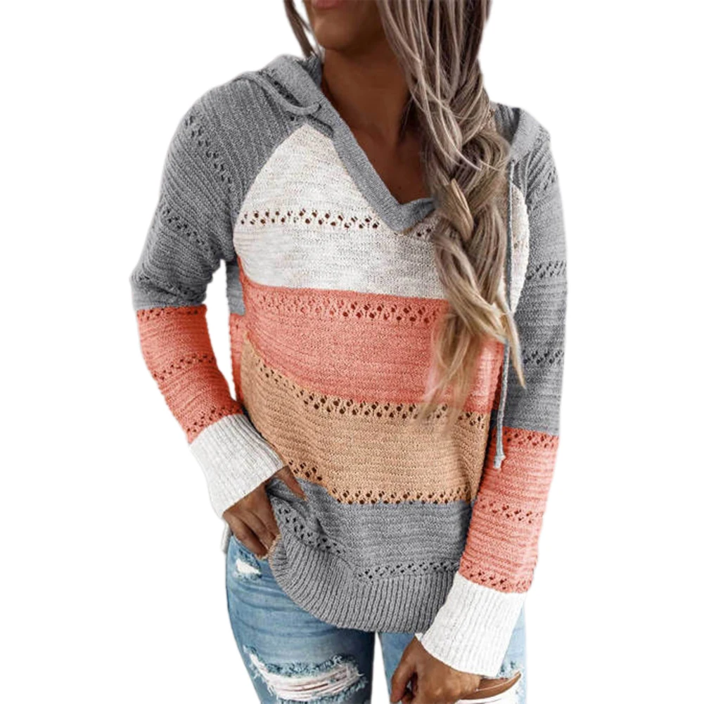 

Women Hooded Sweater Casual Rib Knitted Long Sleeve Loose Fitting Pullover Top Lady Drawstring Thin Sweaters Plus Size S-3XL
