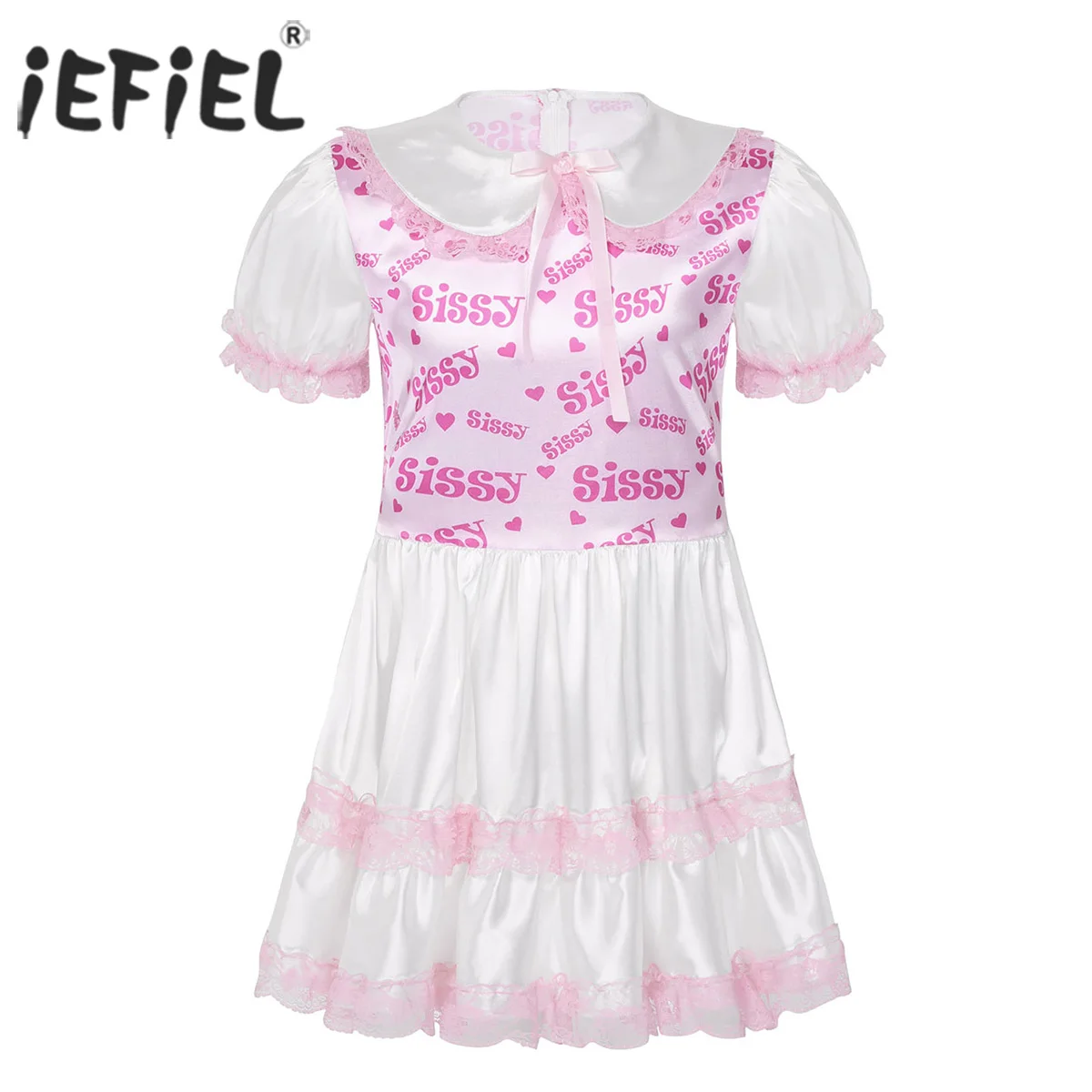 

Men Sissy Silky Satin Doll Collar Short Puff Sleeves Printed Bodice Lace Trimmed Ruffled Dress Adult Baby Cross Dresser Costume