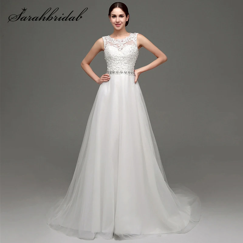 

Elegant Wedding Dresses Long Women O Neck Zipper Marriage Bridal Gowns Lace Applique Tulle Beads Sash Vestido De Noiva WG1007