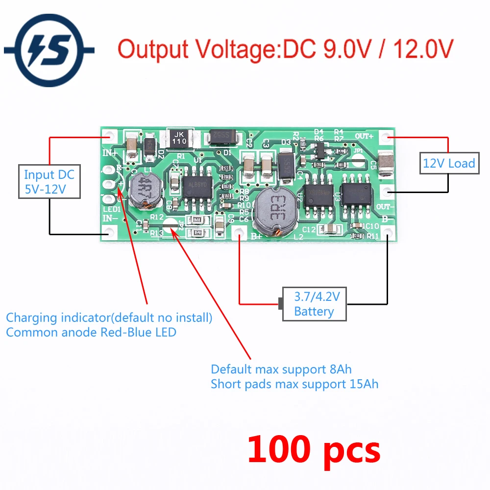 

Модуль повышения напряжения, 100 шт., 5 В-12 в пост. Тока на 9 В/12 В для литиевых аккумуляторов 18650, преобразователь защиты от напряжения, преобраз...
