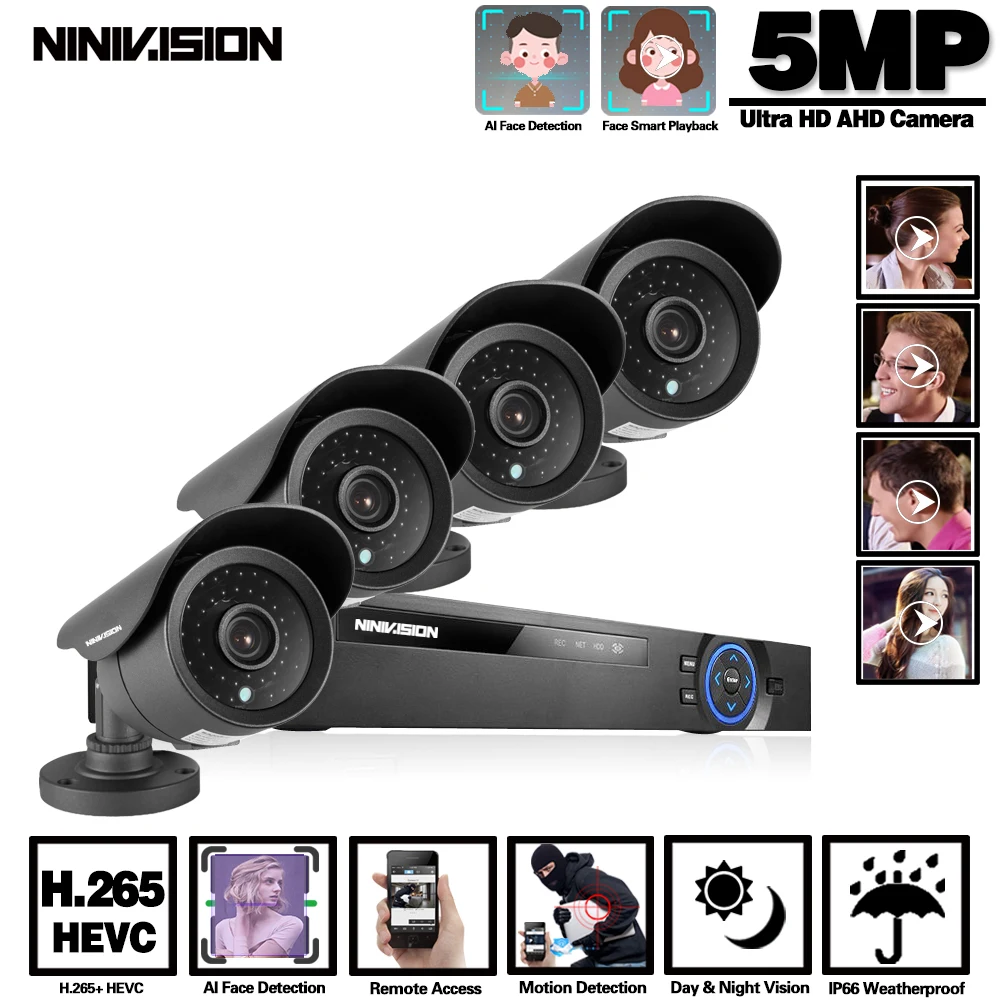 

Face Record 5MP CCTV System 4CH Video Surveillance Kit for Home 5MP 4K HDMI DVR 4PCS 5MP 2592*1944P Outdoor Security Camera 2TB