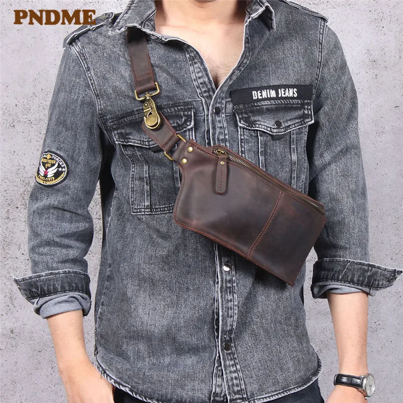 PNDME retro multifunctional genuine leather men's chest bag crazy horse cowhide waist pack sports small shoulder messenger bags