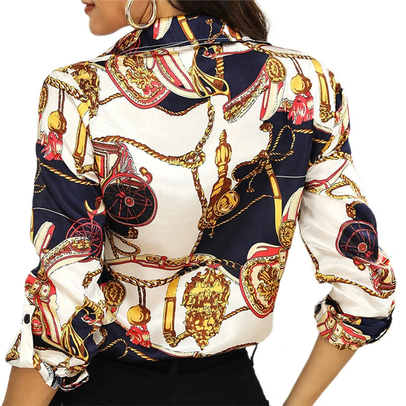 

hirigin Women Stylish Printed Blouses Ladies Style Long Sleeve Turn Down Collar Elegant Pattern Tops