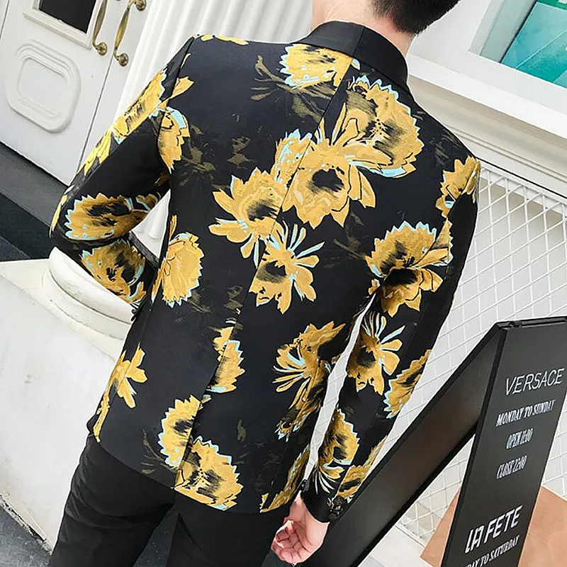 Новинка 2019 цветочный Мужской Блейзер черный золотой принт повседневный мужские