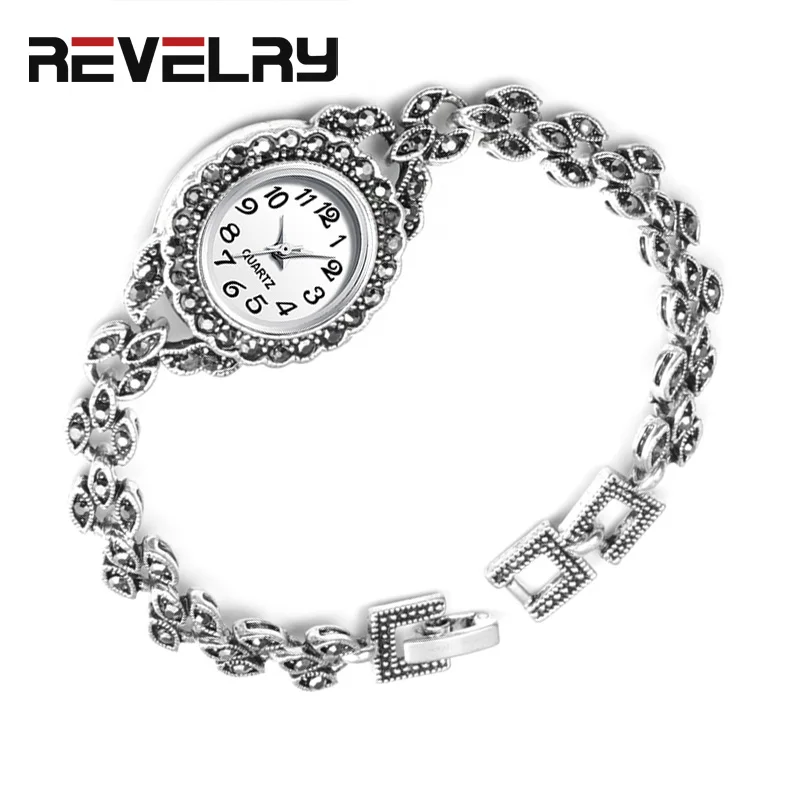 REVELRY Роскошные Антикварные Серебряные наручные часы турецкие стразы с браслетом