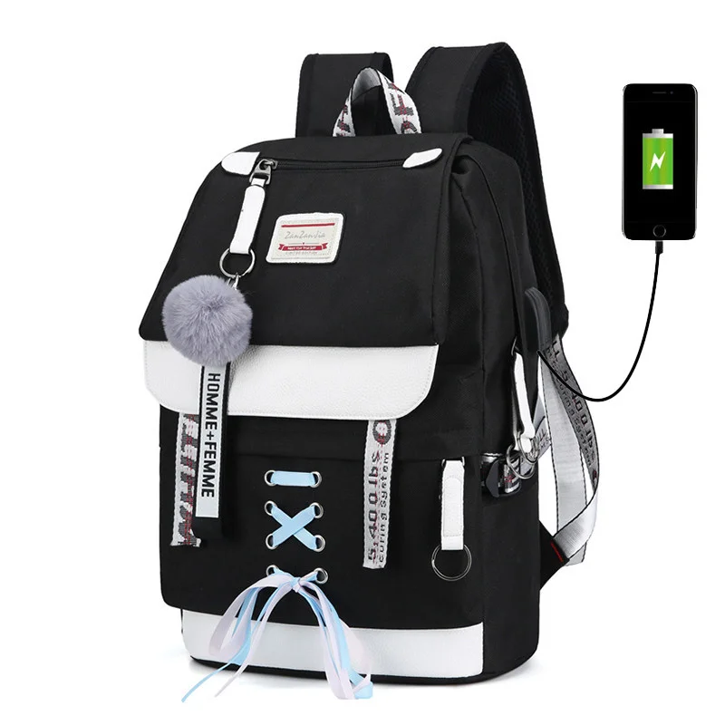 Холщовые школьные ранцы для девочек-подростков, женский рюкзак для книг с USB-зарядкой, вместительные портфели для средней и старшей школы