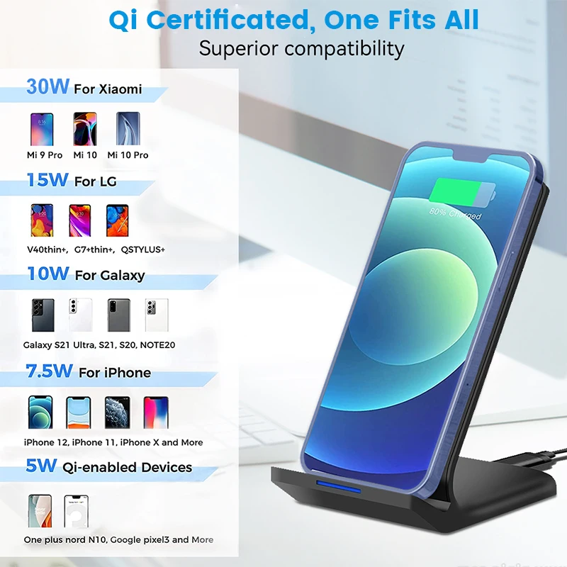 30w qi wireless charger stand fast charging dock station for samsung s20 s10 xiaomi iphone 12 11 pro x xs max xr 8 phone holder free global shipping