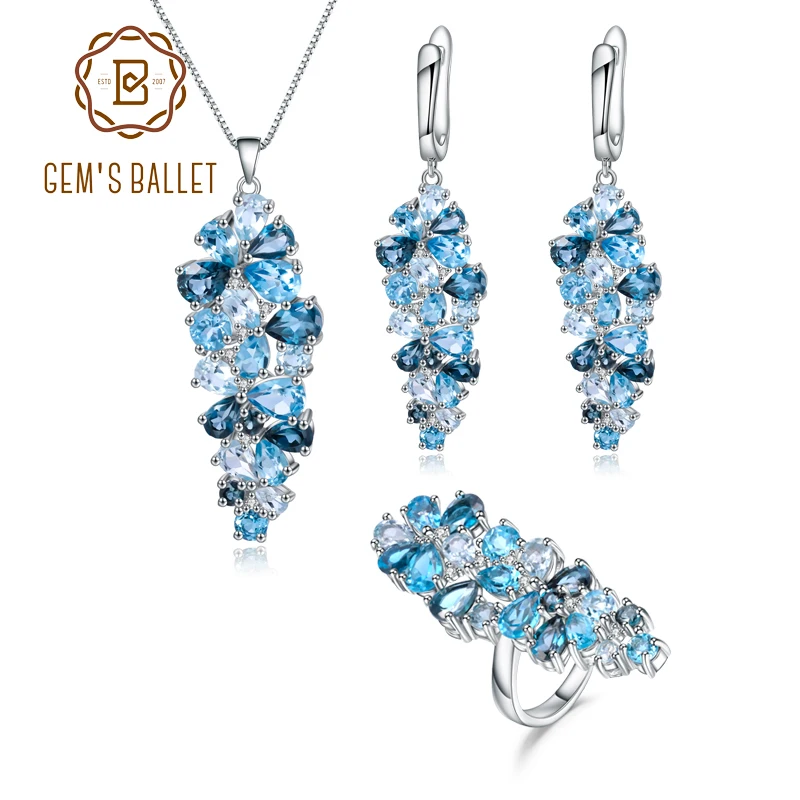 GEM'S BALLE натуральный голубой топаз драгоценный камень кольцо серьги кулон набор 925 пробы Серебряный Роскошный Камень Ювелирные наборы для женщин