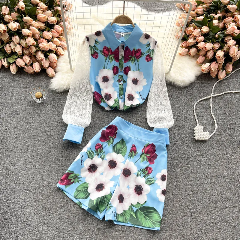 

Женский комплект из двух предметов, кружевная рубашка с длинным рукавом и шорты с широкими штанинами и цветочным принтом, весна-лето 2021