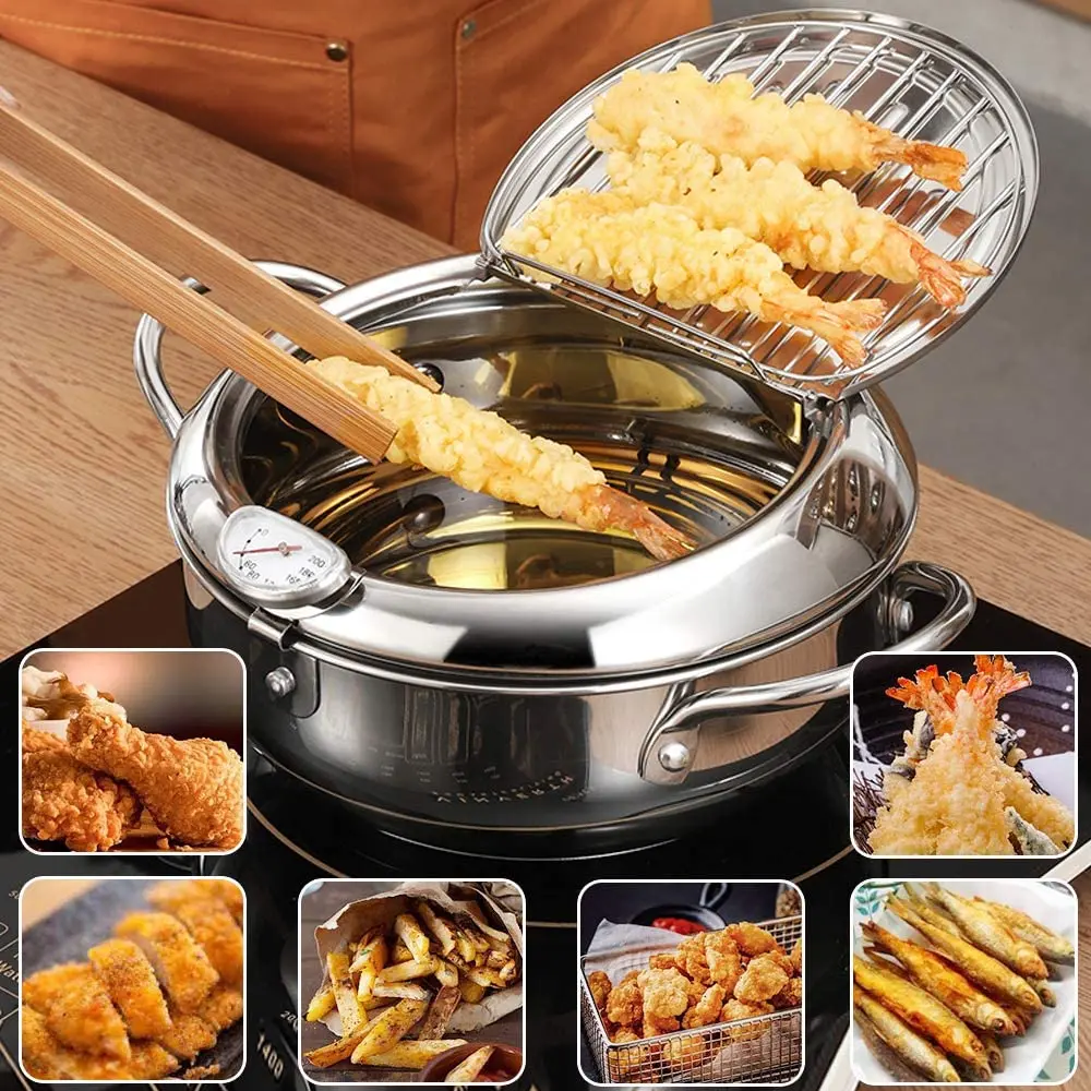 

2021 New Japanese Deep Frying Pot With Thermometer And Lid 304 Stainless Steel Kitchen Tempura Fryer Pan Cooking Pots and Pans