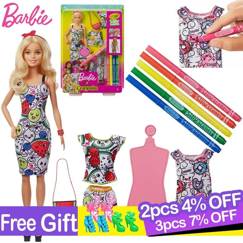 

Barbie Original Fashion Dolls Colourful Collection Toys for Girls Print Self DIY Doll Crayola Color 3 Pcs Clothes Playset Kid