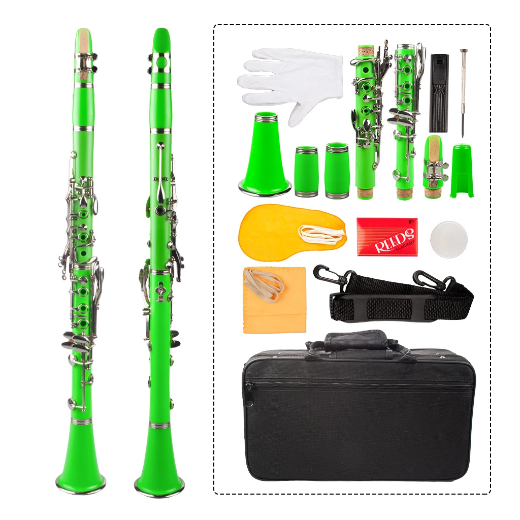 Green ABS Clarinet Bb Cupronickel Plated Nickel 17 Key with Cleaning Cloth Gloves Screwdriver Woodwind Instrument enlarge