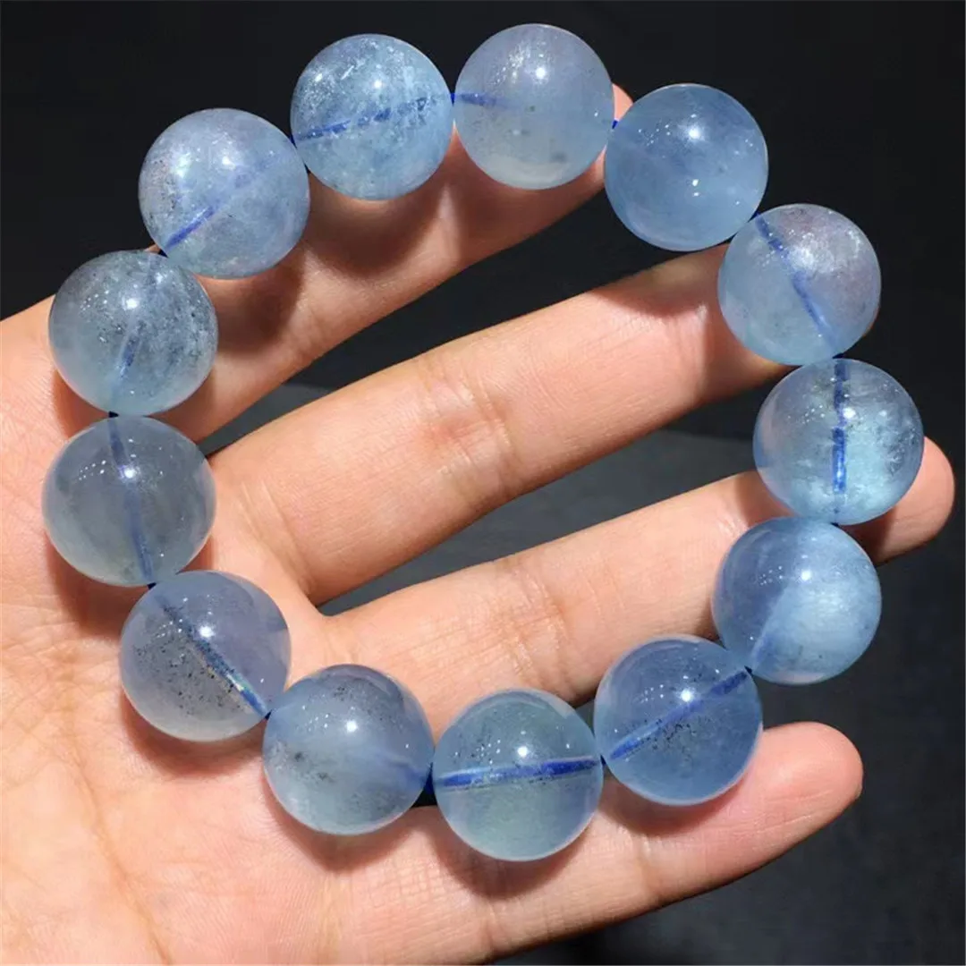 

17mm Natural Ocean Blue Aquamarine Bracelet Jewelry For Women Men Luck Healing Gift Crystal Beads Stone Gemstone Strands AAAAA