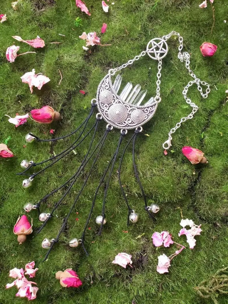 

Witch Bell Protection Door Charm Crescent Moon Quartz Crystal Point,New Home Gift,for A Witch,Pentagram Occult Decor Gift