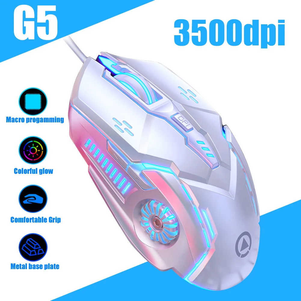 

Проводная игровая мышь G5, 6 программируемых кнопок, 3500DPI, USB, для ноутбука, 7 цветов, RGB-подсветка, механические геймерские мыши