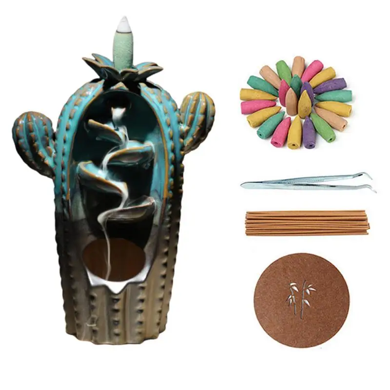 

Cactus Shape Backflow Incense Burner Ceramic Smoke Waterfall Incense Sticks Holder With 20 Pcs Cones Home Decor Porcelain Censer