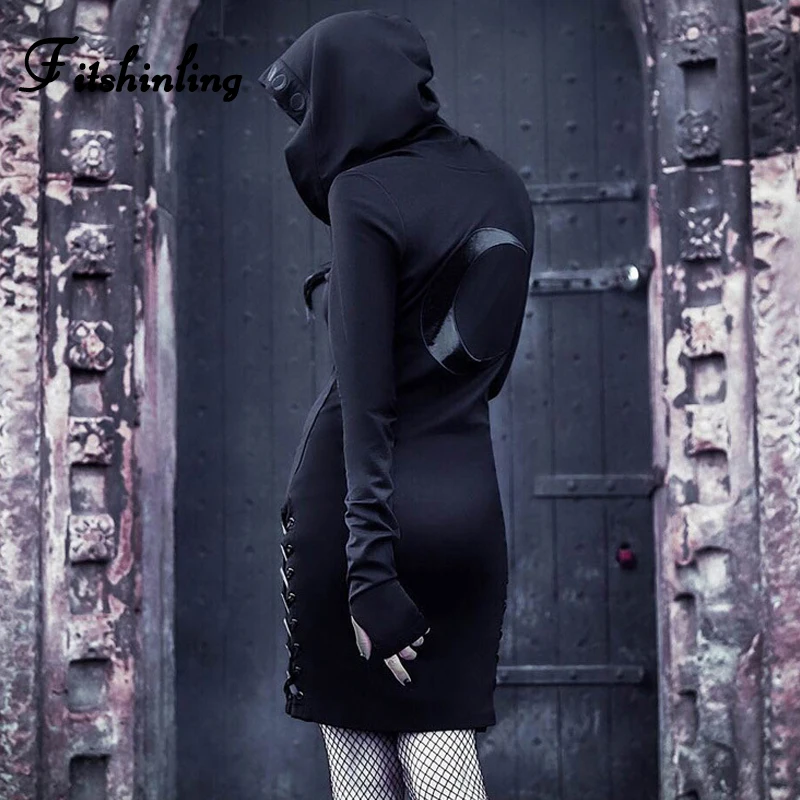 Fitshinling PU Moon Goth темное платье осень зима на шнуровке тонкие короткие толстовки